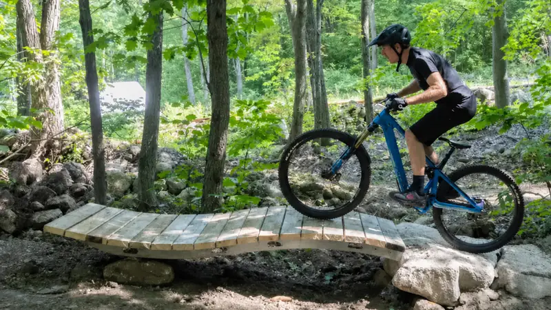 Vélo de montagne sur une passerelle de bois en sous-bois