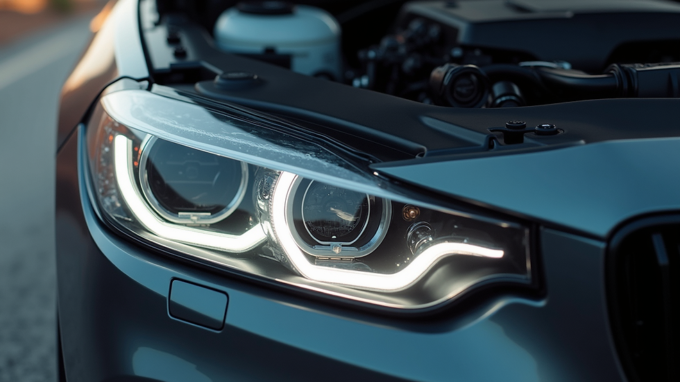 Eye-level view of a car engine bay with the headlight assembly exposed