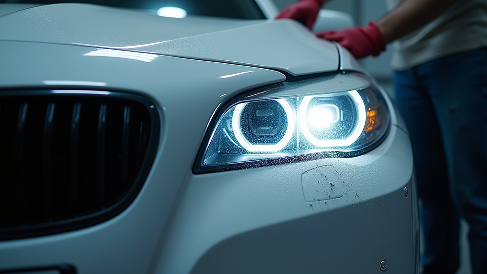 Eye-level view of a car headlight being polished