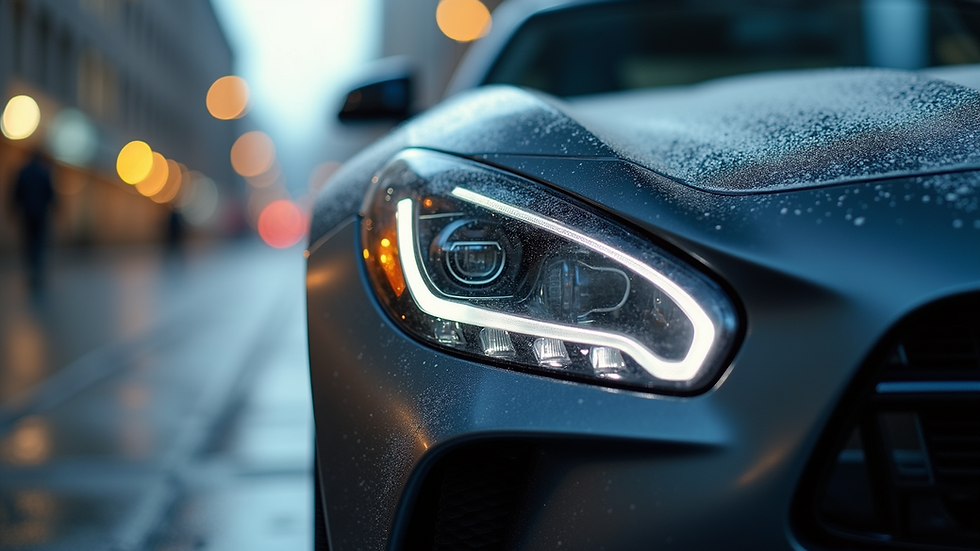 Close-up view of a clear car headlight after restoration