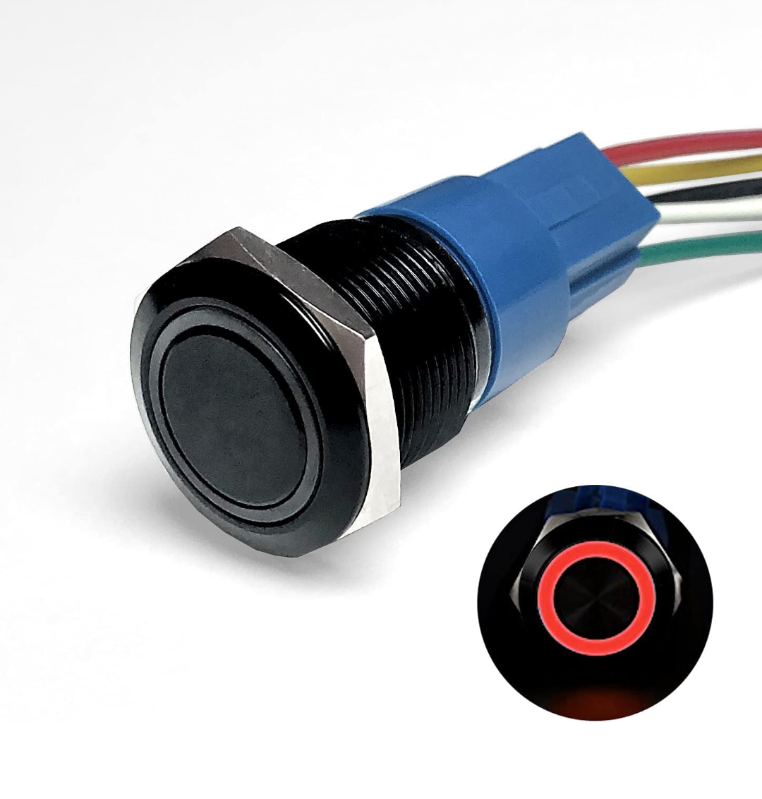 Black Aluminum Push Button Switch with Socket, 3A 12vDC Ring LED (Red)