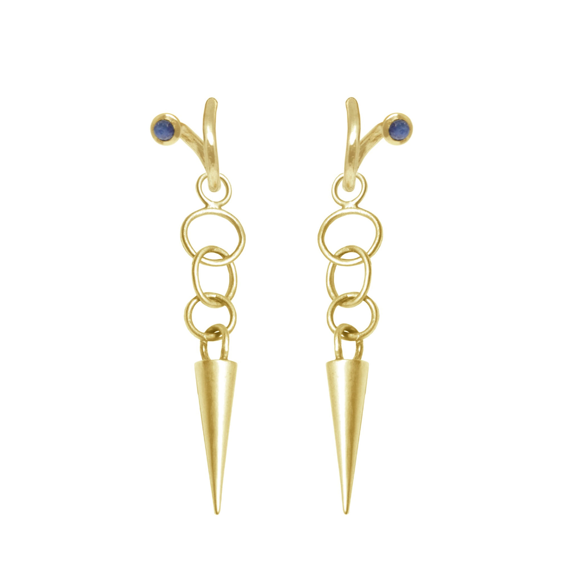 yellow gold spike charm dangle earrings on sapphire peek-a-boo hoop earrings