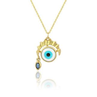 evil eye yellow gold necklace with blue sapphire tear and gold textured eyebrow, crying eye