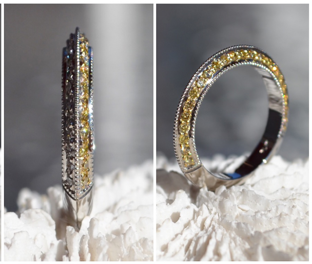 knife edge platinum wedding band with yellow and white diamonds