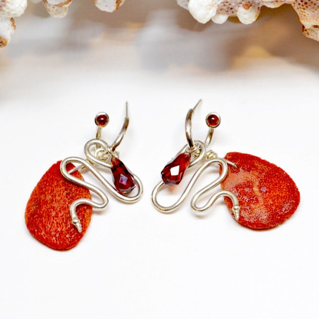 Thumbnail: Red Garnet Peek-A-Boo Hoop Snake Charm Earrings