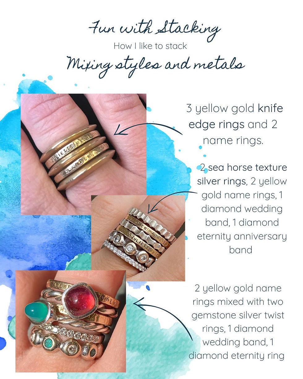 A collage of rings in different styles worn on a finger.