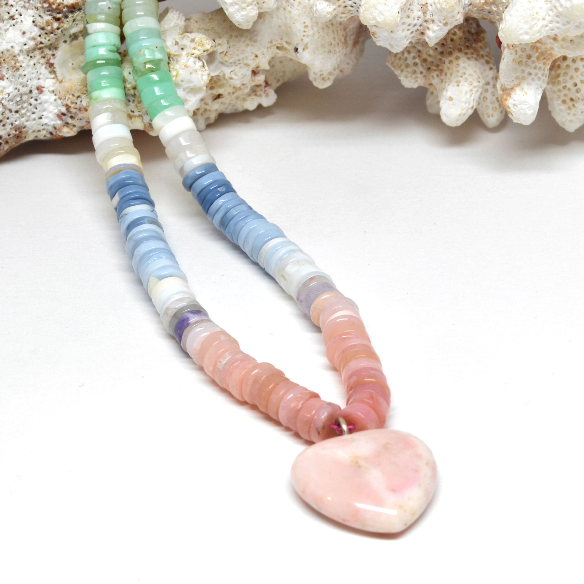 pink opal heart necklace and multi color pastel opal beads
