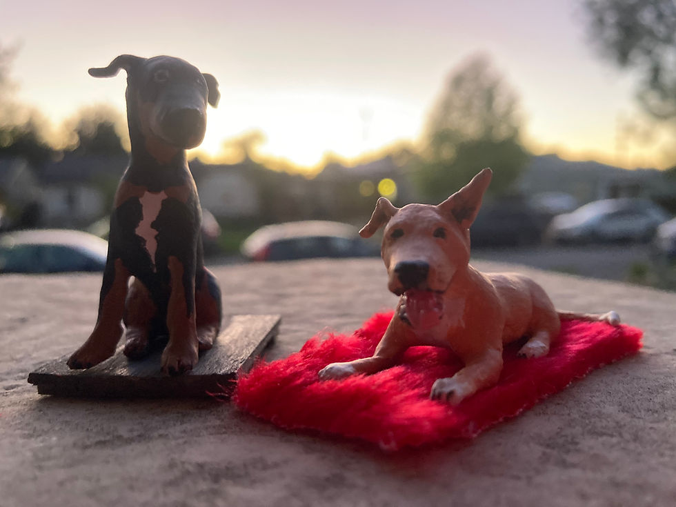 Tiny sculptures of a seated dobie shepherd and a happy little Staffordshire terrier on a plush red rug