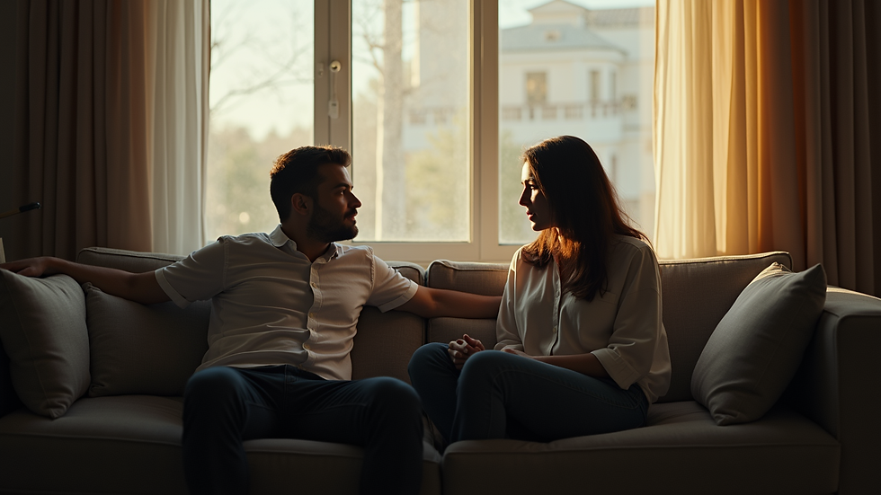Plano medio de una pareja sentada en un sofá con distancia emocional
