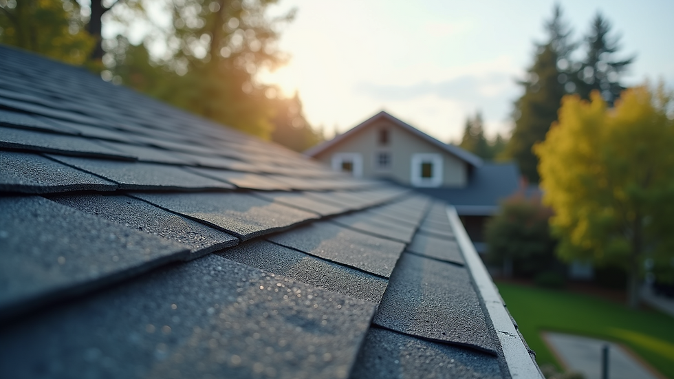 Eye-level view of a newly installed asphalt shingle roof on a suburban house