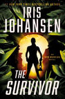 Silhouette of a person holding a lantern, surrounded by leaves. Warm light in the background. Text: "Iris Johansen, The Survivor, An Eve Duncan Novel."