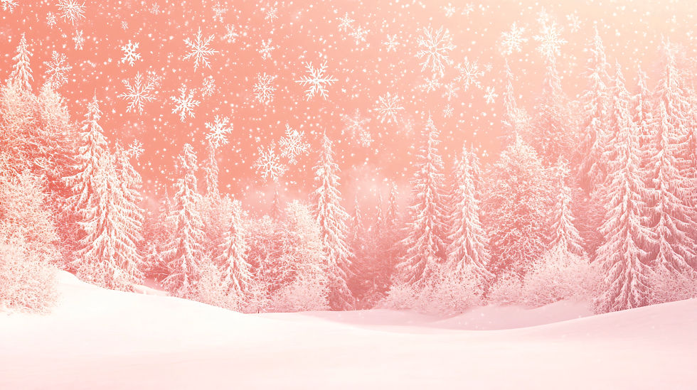 Snowy forest with pink hues, snowflakes falling gently. Tall, frosted trees under a serene, pastel sky create a magical winter scene.