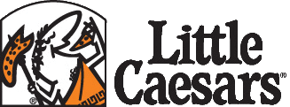 Little Caesars logo that links to companies website with text: Little Caesars next to an image of a cartoon male wearing an orange roman toga eating a slice of pizza.