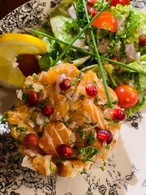 Homemade gravlax salmon prepared by the restaurant Au Petit Marquis, Place du Marché in Versailles, a fresh and refined starter