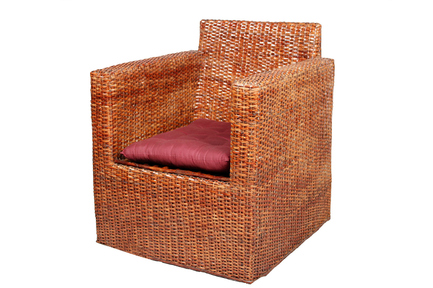 Novelty Cane Art Wicker Square Styled Arm Chair with Cushion