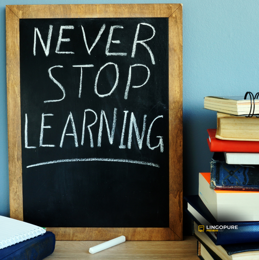 Bảng viết “Never Stop Learning” bên cạnh sách vở, thể hiện triết lý học tập trọn đời và phát triển nghề nghiệp tại LingoPure