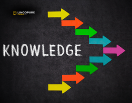 Mũi tên nhiều màu sắc hướng ra từ chữ “Knowledge”, biểu tượng cho kiến thức lan tỏa và thúc đẩy thành công từ cá nhân đến tập thể trong học tập tại LingoPure.