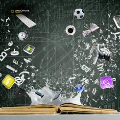 Cuốn sách mở với các biểu tượng công nghệ, thể thao và kỹ năng bay ra, minh họa cho việc học Tiếng Anh mở rộng kỹ năng toàn diện tại LingoPure