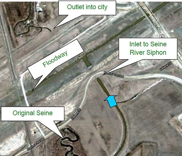 Ovehead satellite view of the Seine River floodway siphon