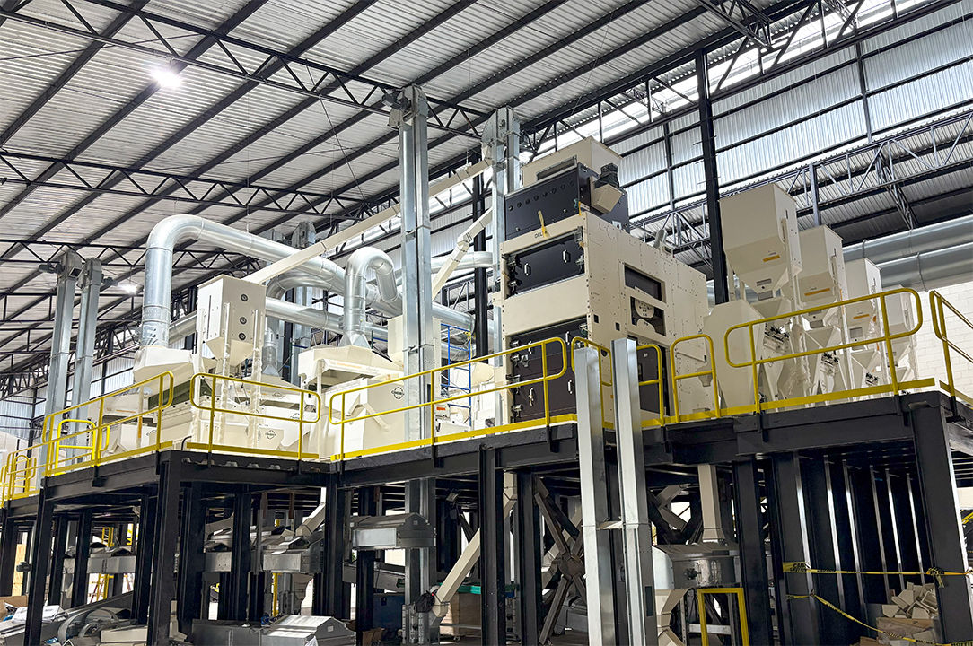 Large industrial coffee processing machinery inside a modern facility, with metal structures, pipes, and yellow railings.