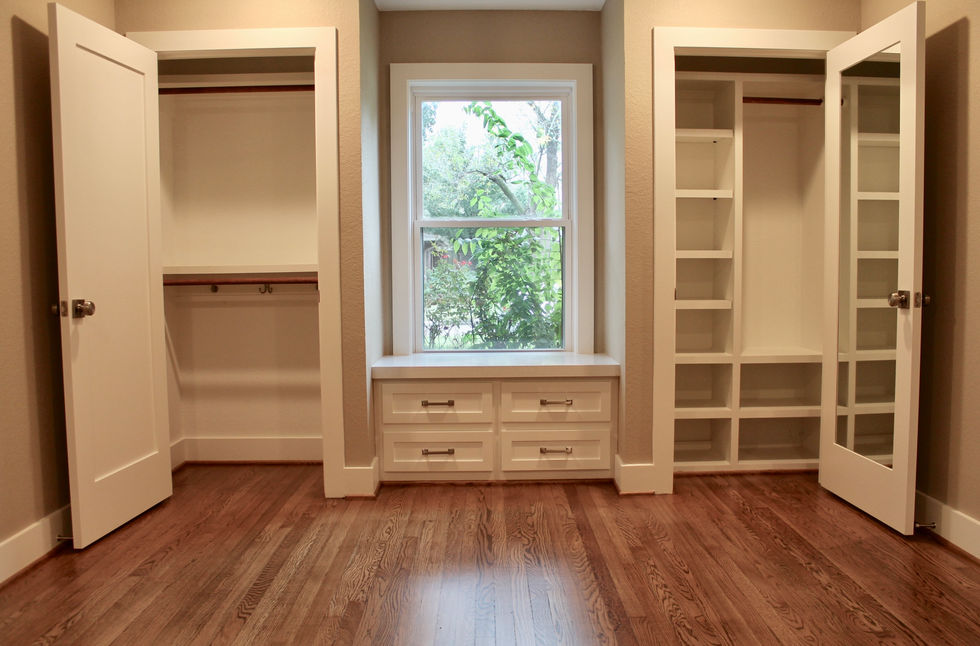 Custom Closet, White Cabinets, Wood Floor, Drawers, Window Bench Seat, Mirrored Door