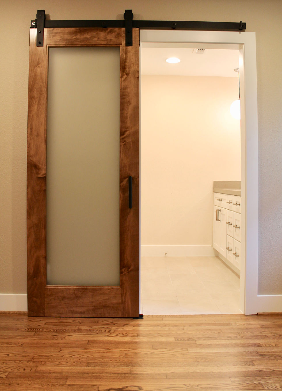 Farmhouse Sliding Door, Frosted Glass, Bathroom Entry Door, Natural Wood