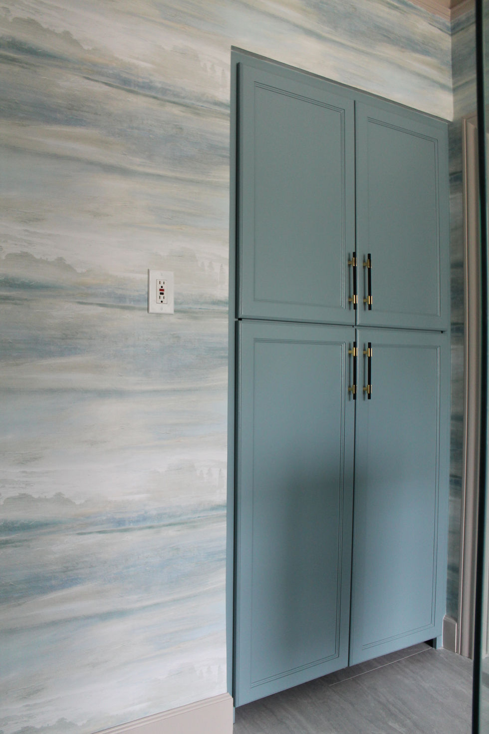 Blue Cabinets, Gold and Black Hardware, Large Format Floor Tile, Hidden Closet