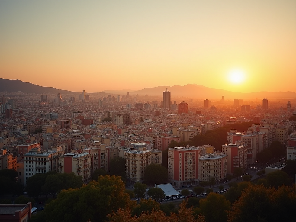 Barcelona cityscape at sunset, Santa Clara relocation 