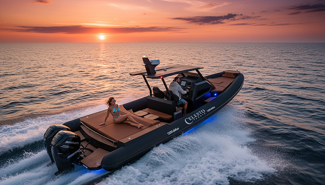 Firefly_Gemini Flash_Boat is speeding a bit. Sunset. One man driving it. One hot woman on