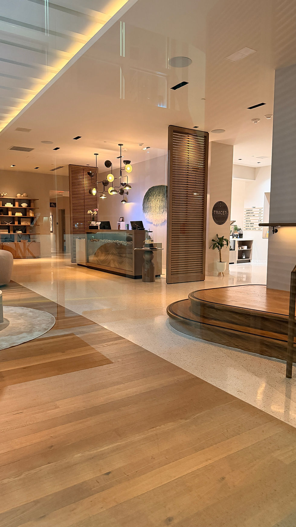 Modern lobby with wooden floors, reception desk, and circular lights. A plant and wall art add to the calm, welcoming atmosphere.