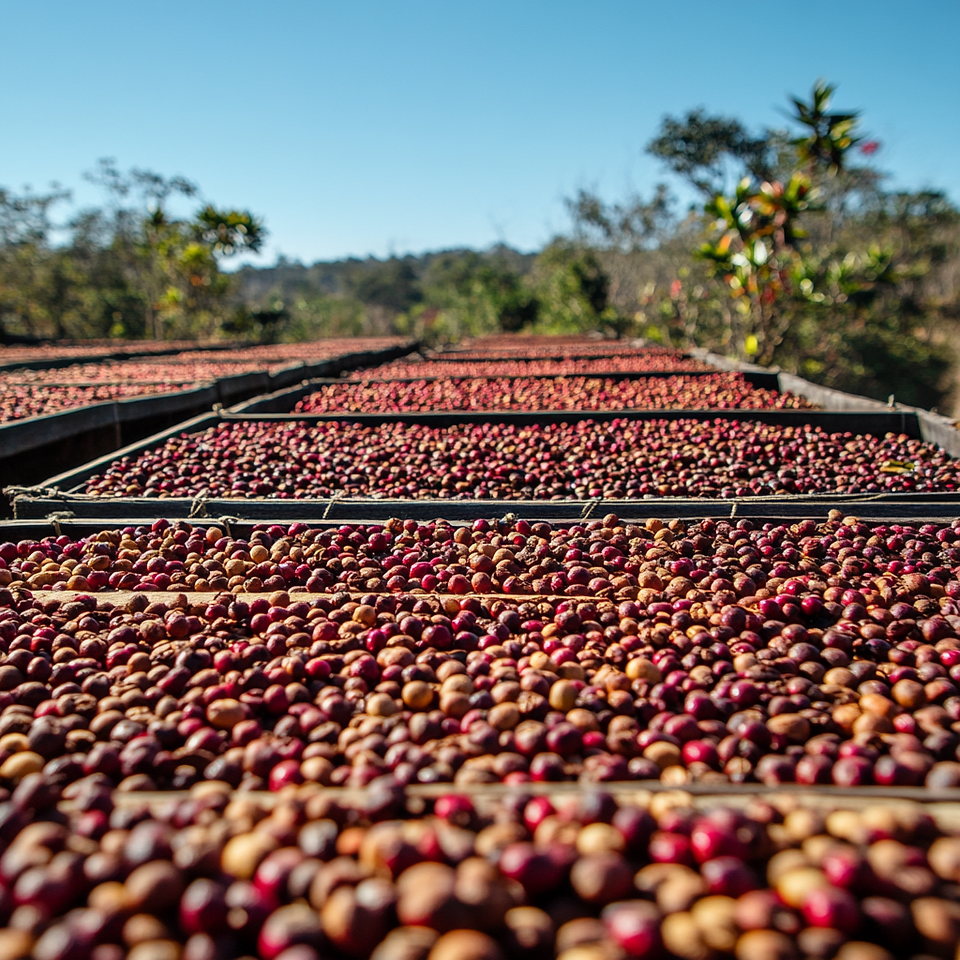 Raised beds with coffee cherries