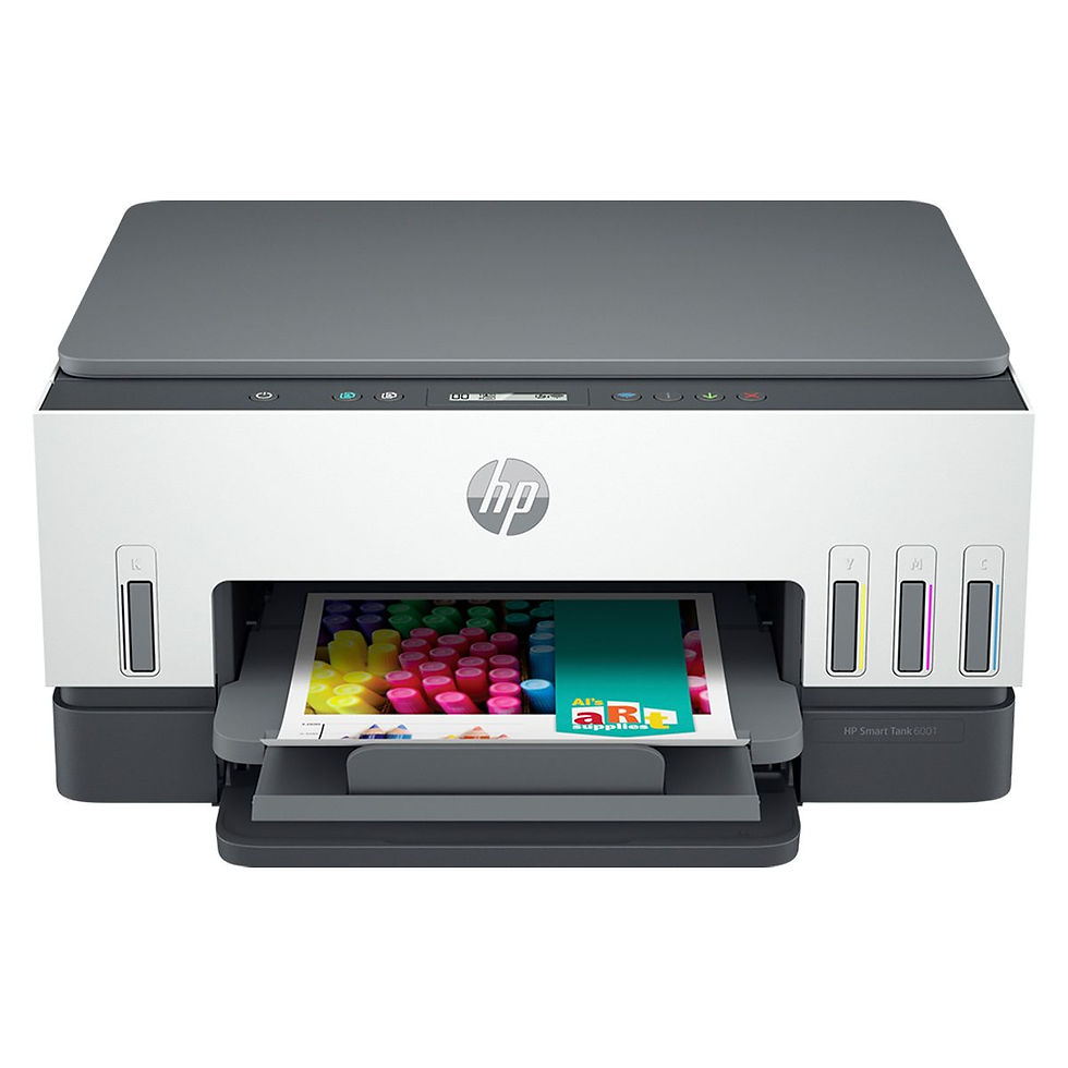 HP printer printing a colorful image of art supplies. The printer is white and gray with visible ink tank levels and a paper tray.