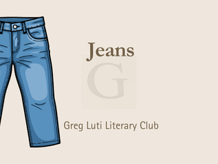 Illustration of blue jeans on beige background with text: "Jeans" and "Greg Luti Literary Club." Simple and casual design.