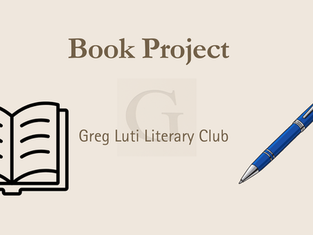 Open book and blue pen on beige background. Text: "Book Project, Greg Luti Literary Club" with a subtle "G" in the center.