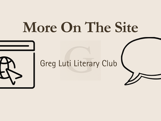 Website window and speech bubble icons with "Greg Luti Literary Club" and "More On The Site" text on beige background.