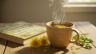 Comforting cup of hot dandelion root tea, ready for a gentle cleanse ritual.