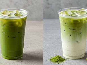 lear, appealing side-by-side photo showing an iced matcha latte next to an iced matcha milk tea.