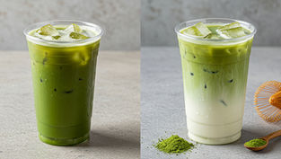 lear, appealing side-by-side photo showing an iced matcha latte next to an iced matcha milk tea.