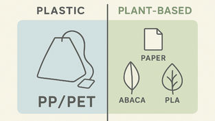 Visual comparison of plastic tea bag materials like PP/PET versus plastic-free options like paper, abaca, and PLA.