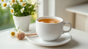 Steaming cup of chamomile tea with honey for quick sore-throat relief,