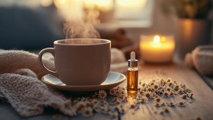 A cozy evening flat lay with a steaming cup of chamomile tea in a ceramic mug.