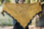 Thumbnail: Woman holding a triangular shawl, spread out. The body is yellow and the border is black.