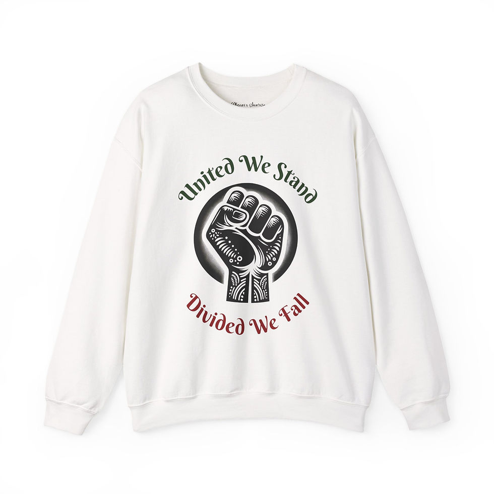 Cream sweatshirt with "United We Stand, Divided We Fall" and raised fist
