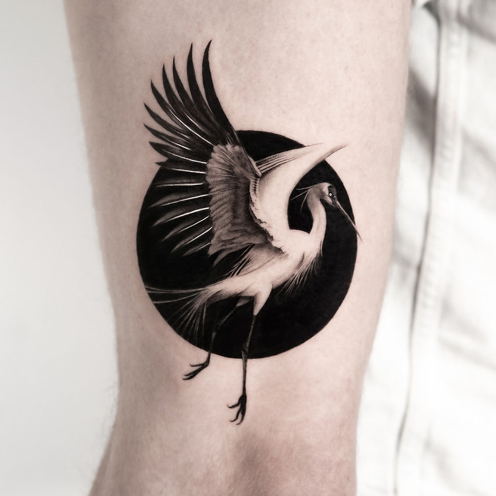 Tatouage bras réaliste micro-réaliste grue oiseau