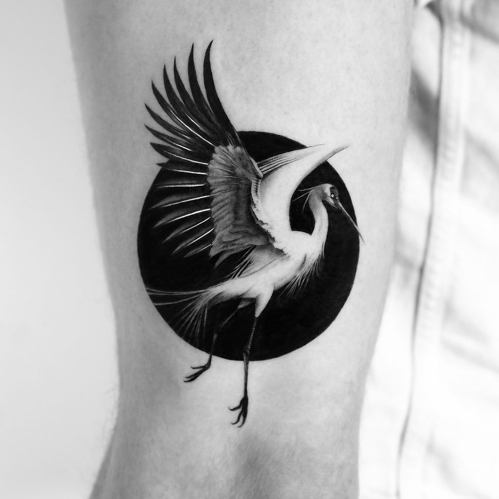 Tatouage bras réaliste grue oiseau