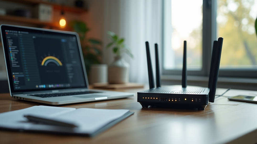 Eye-level view of a modern home office setup with a laptop and router