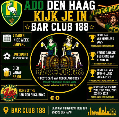 De wedstrijden van ADO Den Haag kijk je natuurlijk live in Bar Club 188: PMDS, sport op 6 schermen, loopafstand van de randstadrail Laan van NOI; een geweldige voetbalavond gegarandeerd.