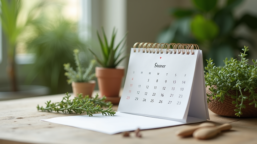 Vue en plongée d’une table avec des plantes médicinales et un calendrier