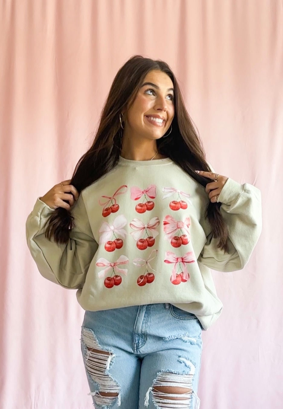 Thumbnail: Coquette Pink Bow Cherry Sweatshirt
