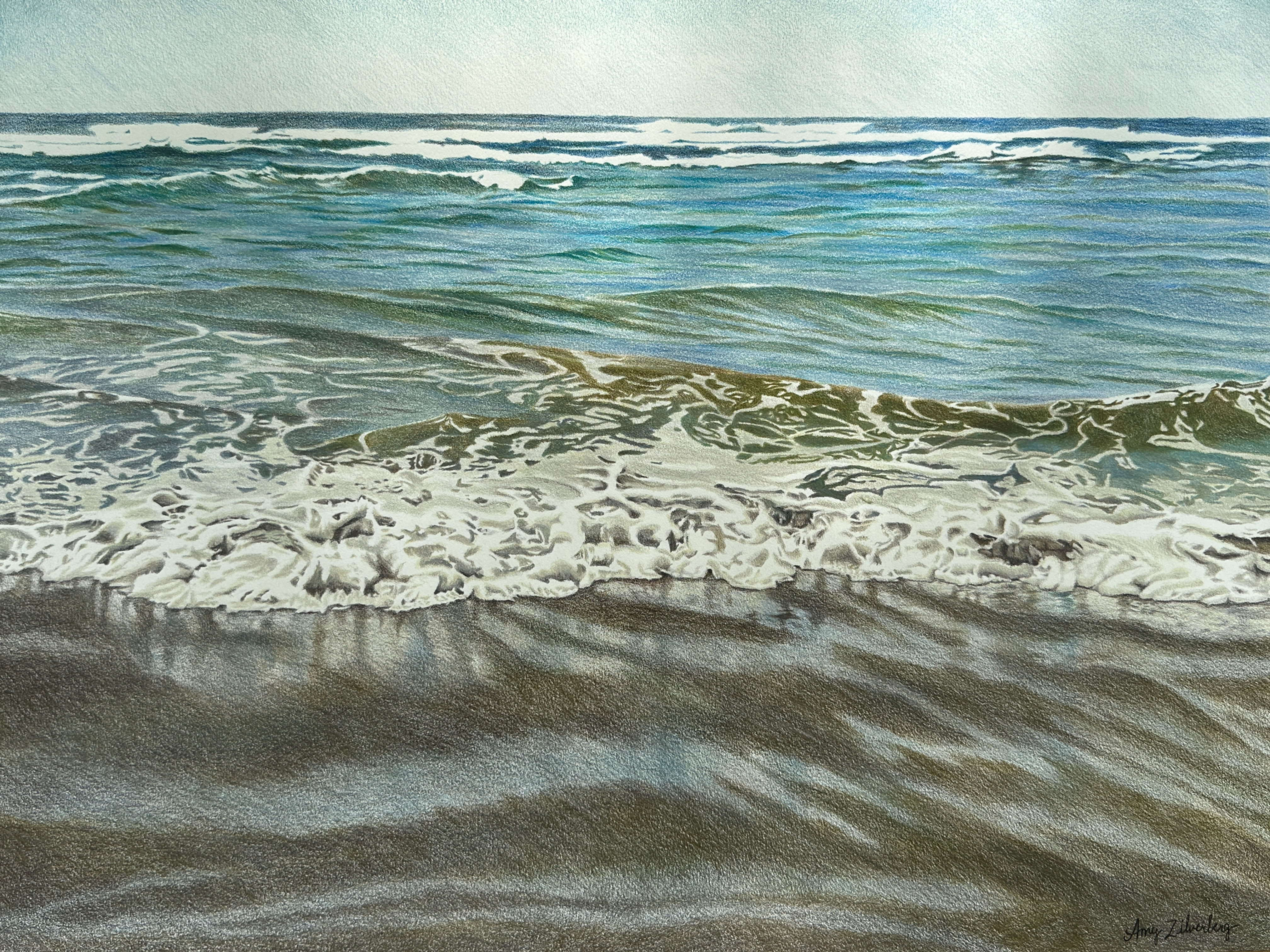 "Six Inch Waves" 18 x 24 inches colored pencil on paper with ink signature